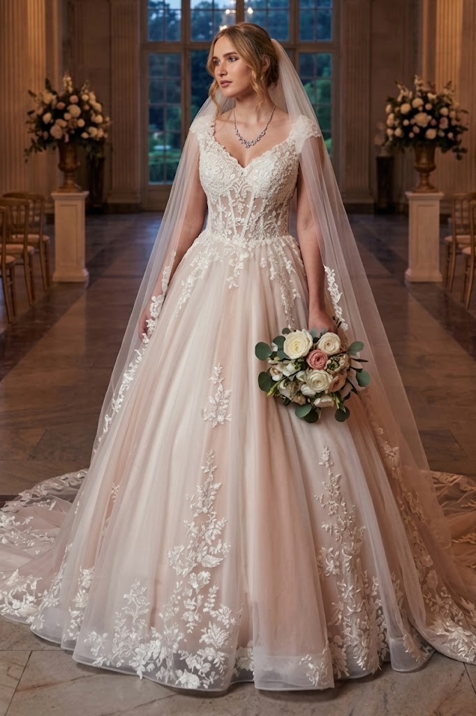 DeKlaire 490 A-Line Wedding Dress with Cap Sleeves and Chapel Train