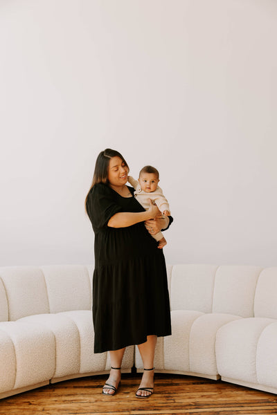 Black Short Sleeve Tea Length Maternity Tiered Breastfeeding Dress with Panel