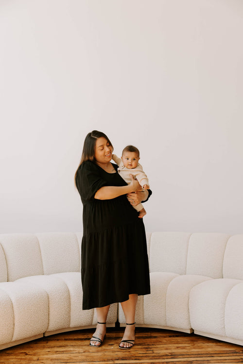 Black Short Sleeve Tea Length Maternity Tiered Breastfeeding Dress with Panel