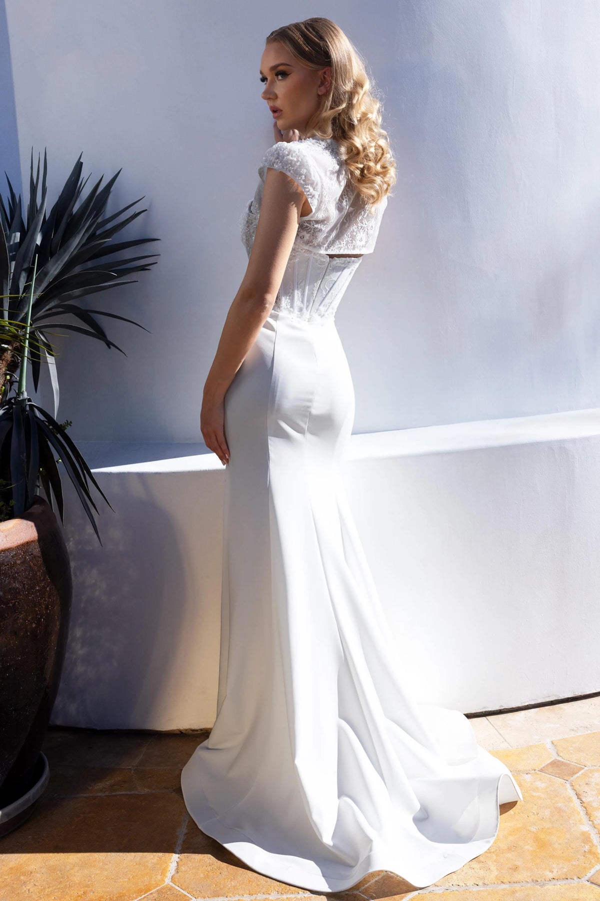 Sweetheart Lace Corset Mermaid Prom Evening Gown with Cap Sleeve Bolero Jacket by Lenovia 8508