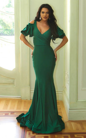 Jessica Angel JA785 Off-Shoulder V-Neck Fitted Ruched Prom Jersey Dress