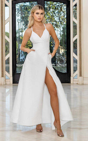 Jessica Angel JA791 V-Neck Spaghetti Strap A-Line Open Back Brocade Dress