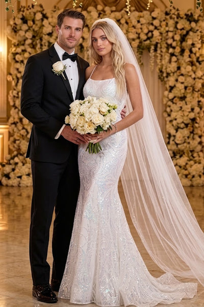 Amelia Couture 6116B Mermaid Open Back Wedding White Formal Dress