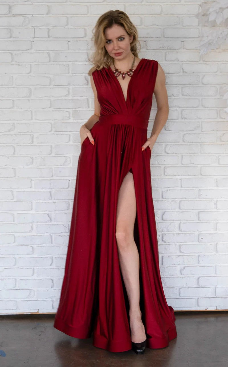 a line jersey dresses Jessica Angel JA797 V-Neck Sleeveless A-Line High Slit Open Back Dress sequence formal dress