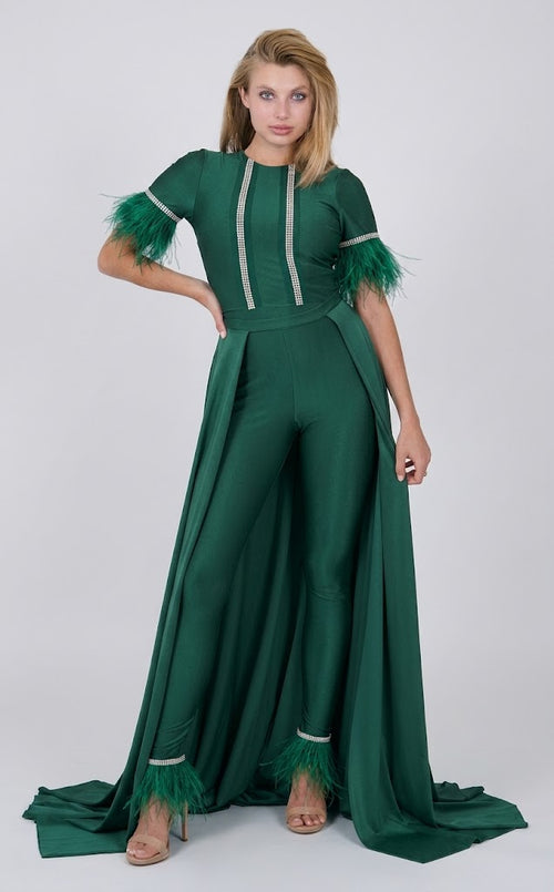 Feather Short Sleeve Convertible Formal Jumpsuit with Overskirt by Jessica Angel 917
