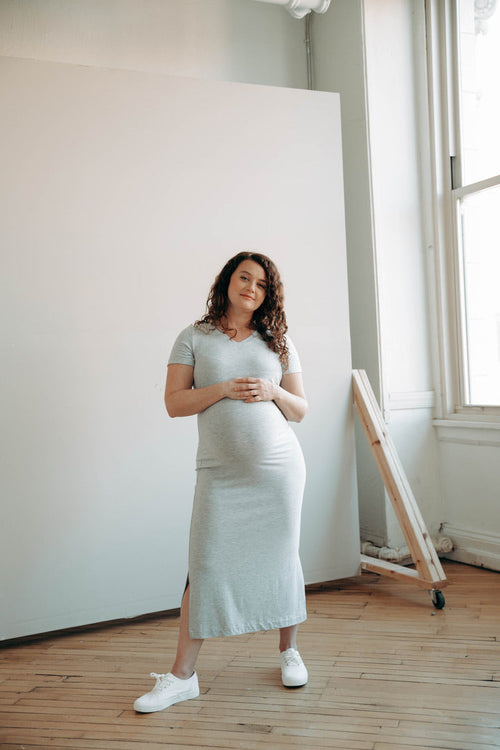 Navy Tea Length Short Sleeve Maternity Everyday Breastfeeding Dress with Panel
