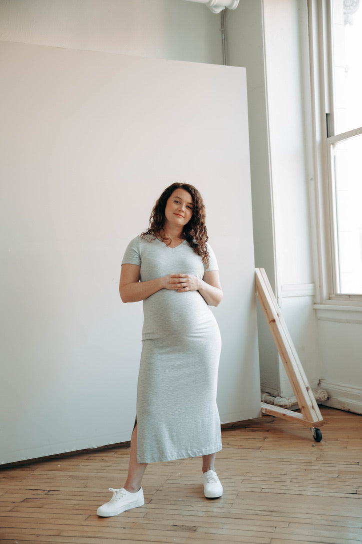 Navy Tea Length Short Sleeve Maternity Everyday Breastfeeding Dress with Panel