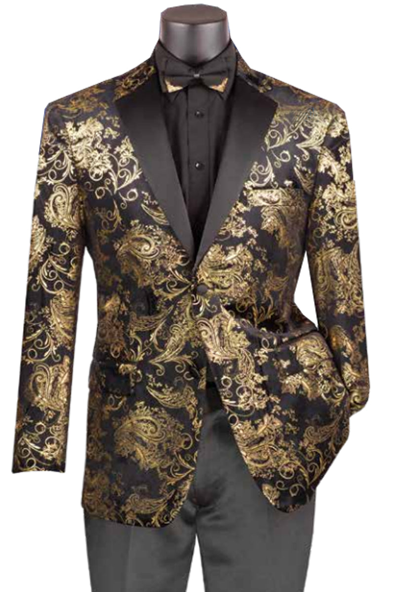 Chaqueta de esmoquin con estampado de cachemira y terciopelo dorado para hombre