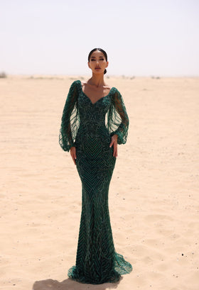 Chic and Holland AN330045 V-Neck Long Sleeve Beaded Evening Gown