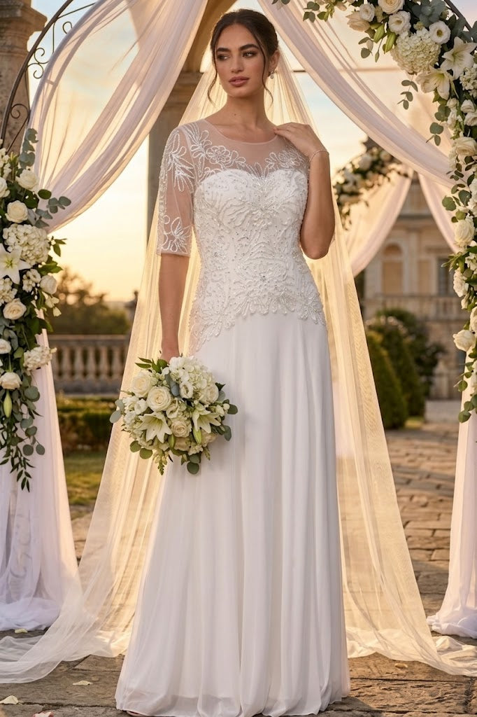 White Beaded Lace Bridal Gown with Sheer Sleeves and Flowing Chiffon Skirt By Eva USA 5222