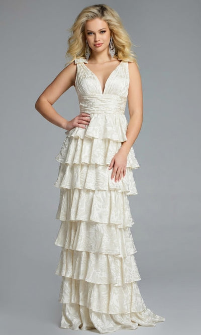 Jovani 42380 - Tiered Ruffle Deep V-Neck Evening Gown
