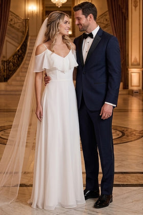 Cold-Shoulder Chiffon Wedding Gown with Ruffle Bodice by Eva USA 3263