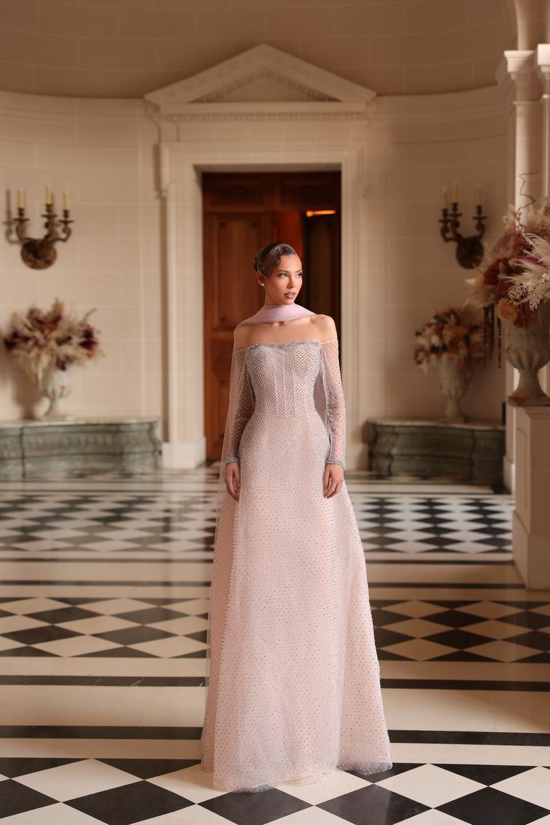 Off-the-Shoulder Beaded Evening Gown