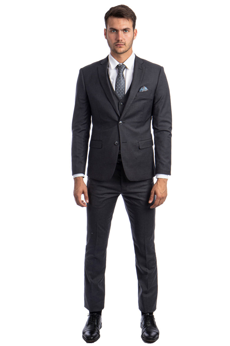 Traje de hombre gris carbón básico liso con dos botones y corte entallado.