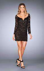 La Femme 25038C Lace Embroidered Slit V Neck Formal Dress