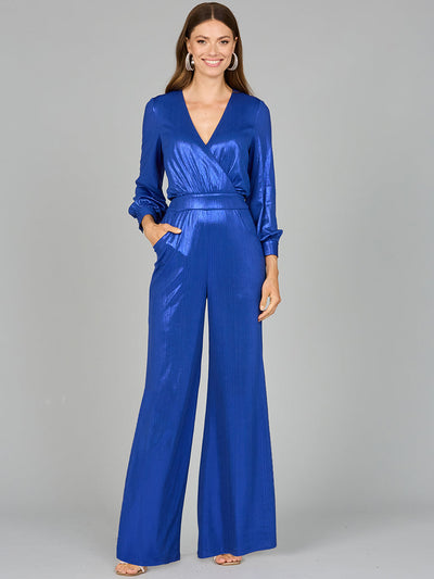 Lara 8121 Metallic Shimmer V-Neck Stretchy Long Sleeve Jumpsuit with Pockets