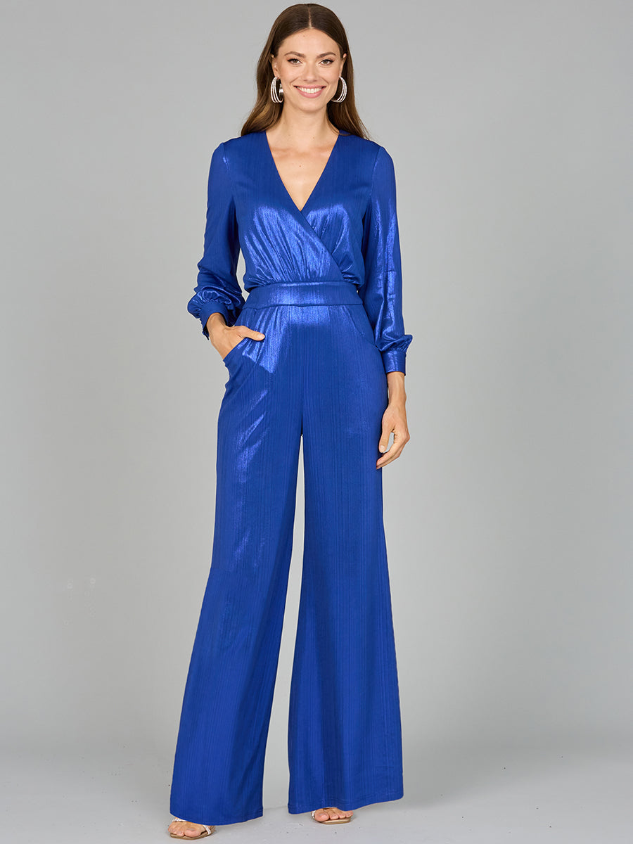 Lara 8121 Metallic Shimmer V-Neck Stretchy Long Sleeve Jumpsuit with Pockets