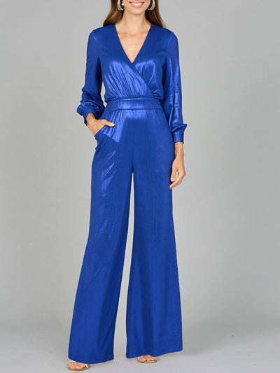 Lara 8121 Metallic Shimmer V-Neck Stretchy Long Sleeve Jumpsuit with Pockets