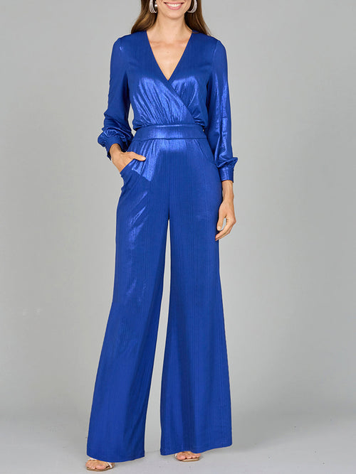 Lara 8121 Metallic Shimmer V-Neck Stretchy Long Sleeve Jumpsuit with Pockets