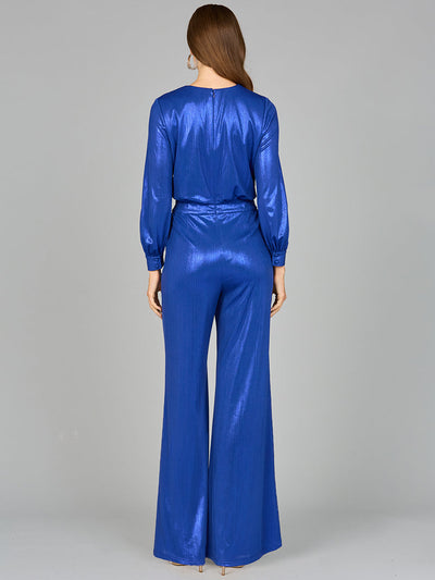 Lara 8121 Metallic Shimmer V-Neck Stretchy Long Sleeve Jumpsuit with Pockets