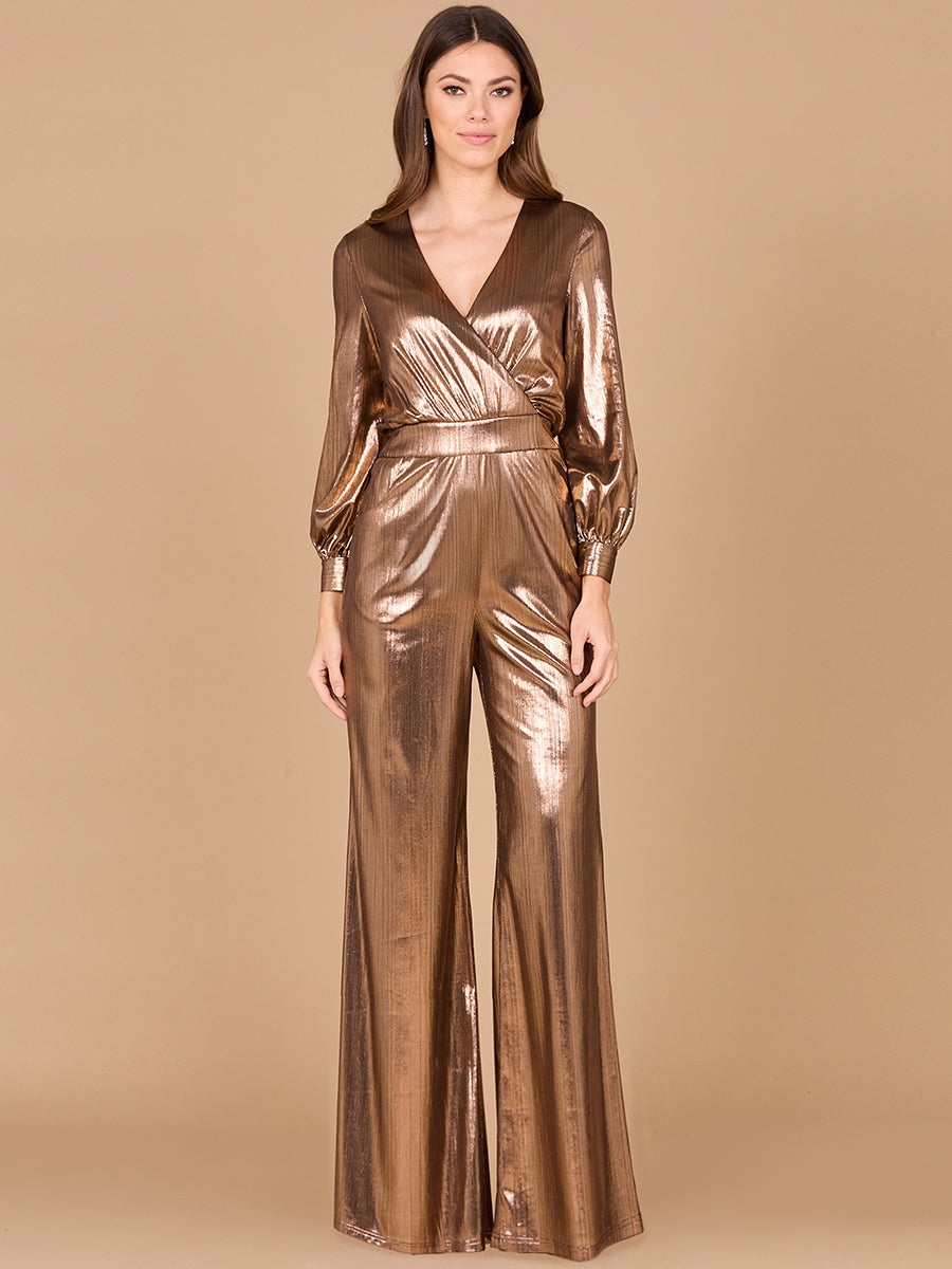 Lara 8121 Metallic Shimmer V-Neck Stretchy Long Sleeve Jumpsuit with Pockets