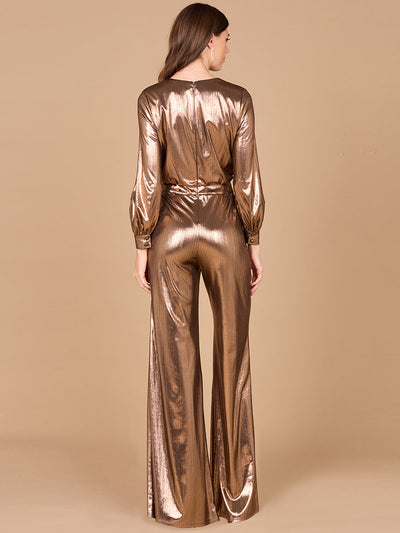 Lara 8121 Metallic Shimmer V-Neck Stretchy Long Sleeve Jumpsuit with Pockets