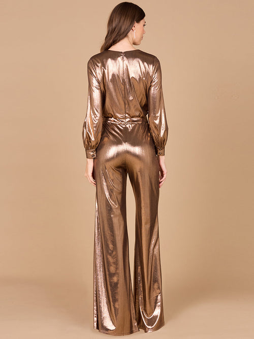 Lara 8121 Metallic Shimmer V-Neck Stretchy Long Sleeve Jumpsuit with Pockets