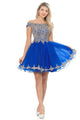 Off-Shoulder A-Line Short Dress with Gold Embroidery Tulle Skirt By Lenovia 8124