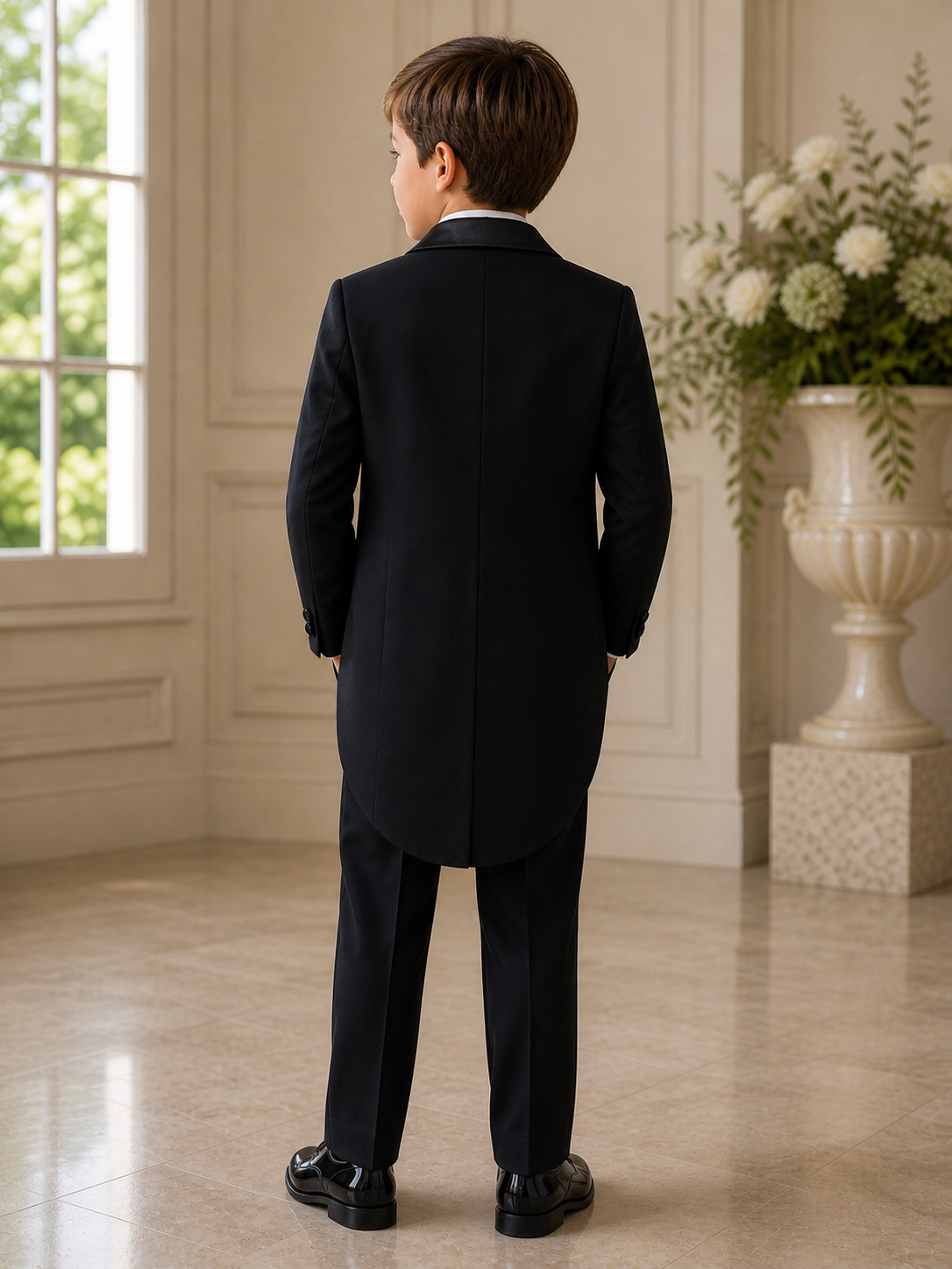 Boys Black Tailcoat Tuxedo Suit with Satin Lapels