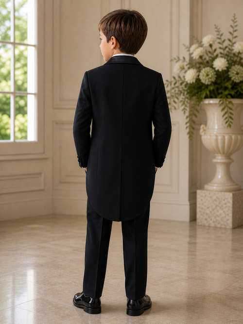 Boys Black Tailcoat Tuxedo Suit with Satin Lapels