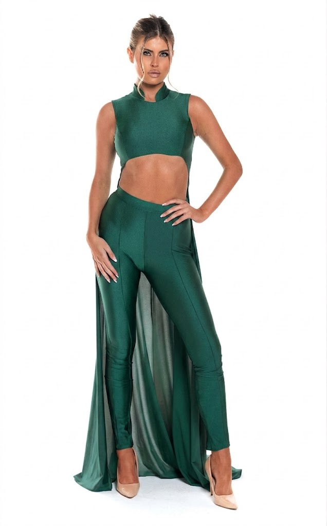 Sleeveless High Neck Cut-Out Jumpsuit with Chiffon Train Fitted Evening Outfit by Jessica Angel 863