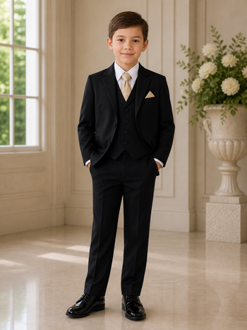 Boys Black Formal Suit with Gold Tie and Pocket Square