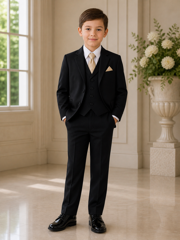 Boys Black Formal Suit with Gold Tie and Pocket Square