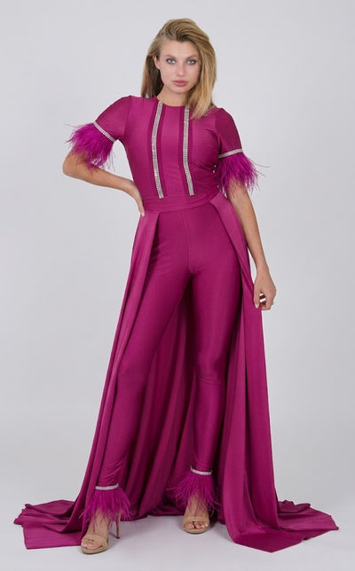Feather Short Sleeve Convertible Formal Jumpsuit with Overskirt by Jessica Angel 917