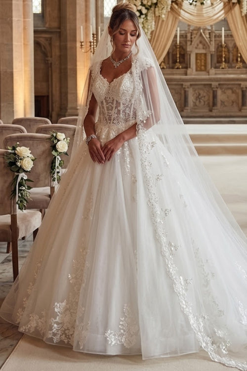 DeKlaire 490 A-Line Wedding Dress with Cap Sleeves and Chapel Train