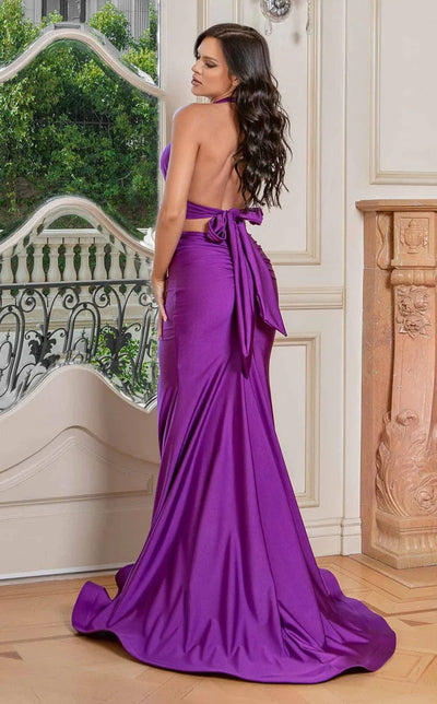 Jessica Angel JA836 Halter Fitted Open Back Ruched Train Two-Piece Jersey Dress
