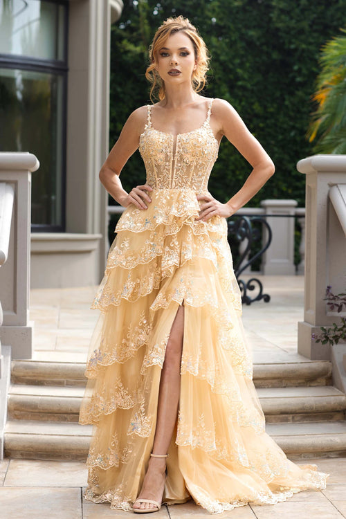 Elegant Lace Tiered A-Line Evening Gown with Corset Bodice & High Slit Prom Dress by Lenovia 8372