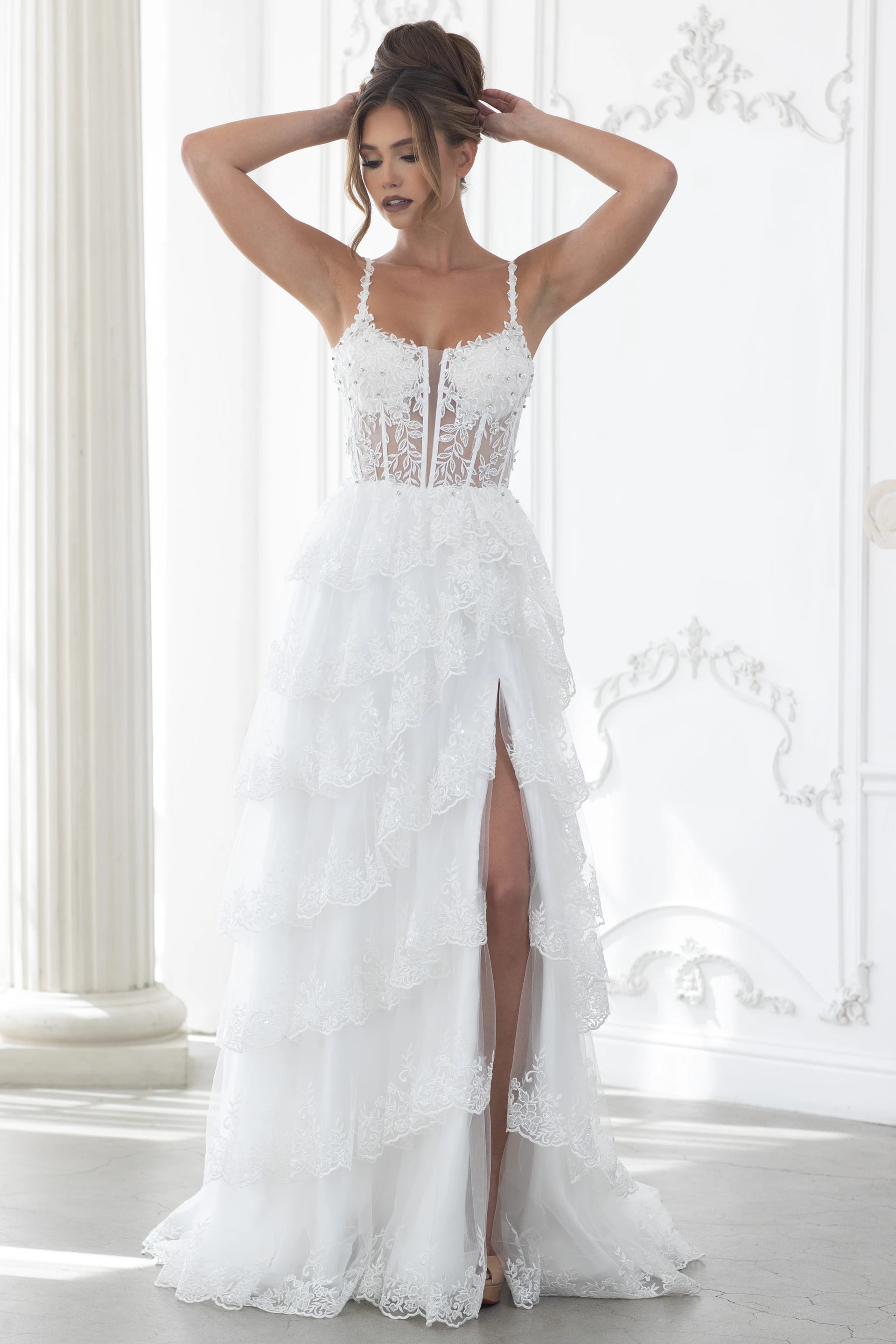 Elegant Lace Tiered A-Line Evening Gown with Corset Bodice & High Slit Prom Dress by Lenovia 8372