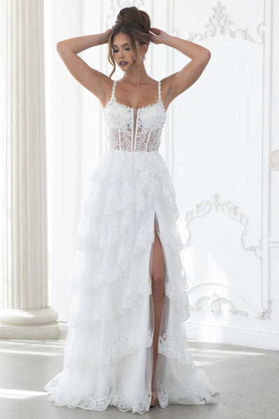 Elegant Lace Tiered A-Line Evening Gown with Corset Bodice & High Slit Prom Dress by Lenovia 8372
