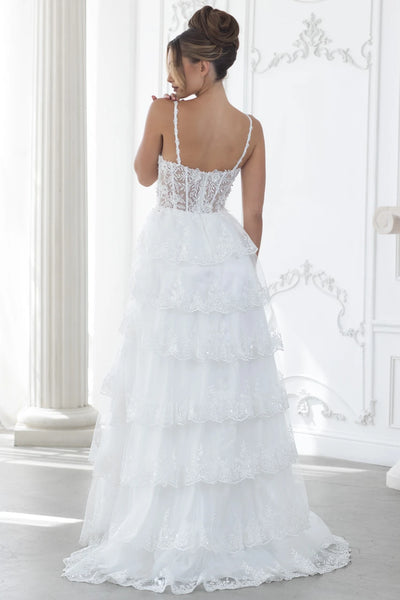 Elegant Lace Tiered A-Line Evening Gown with Corset Bodice & High Slit Prom Dress by Lenovia 8372