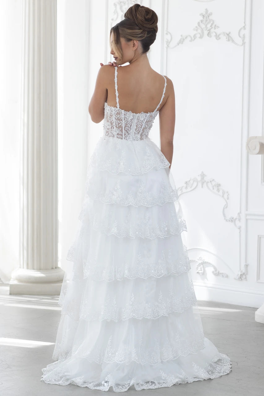 Elegant Lace Tiered A-Line Evening Gown with Corset Bodice & High Slit Prom Dress by Lenovia 8372