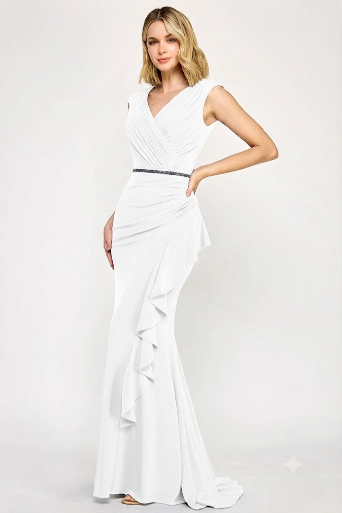 Ivory Cap Sleeves Wedding Dress with V-Neckline Cascading Ruffle & Beaded Belt by Lenovia 8374