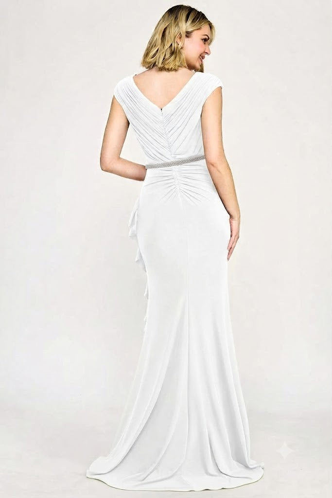 Ivory Cap Sleeves Wedding Dress with V-Neckline Cascading Ruffle & Beaded Belt by Lenovia 8374