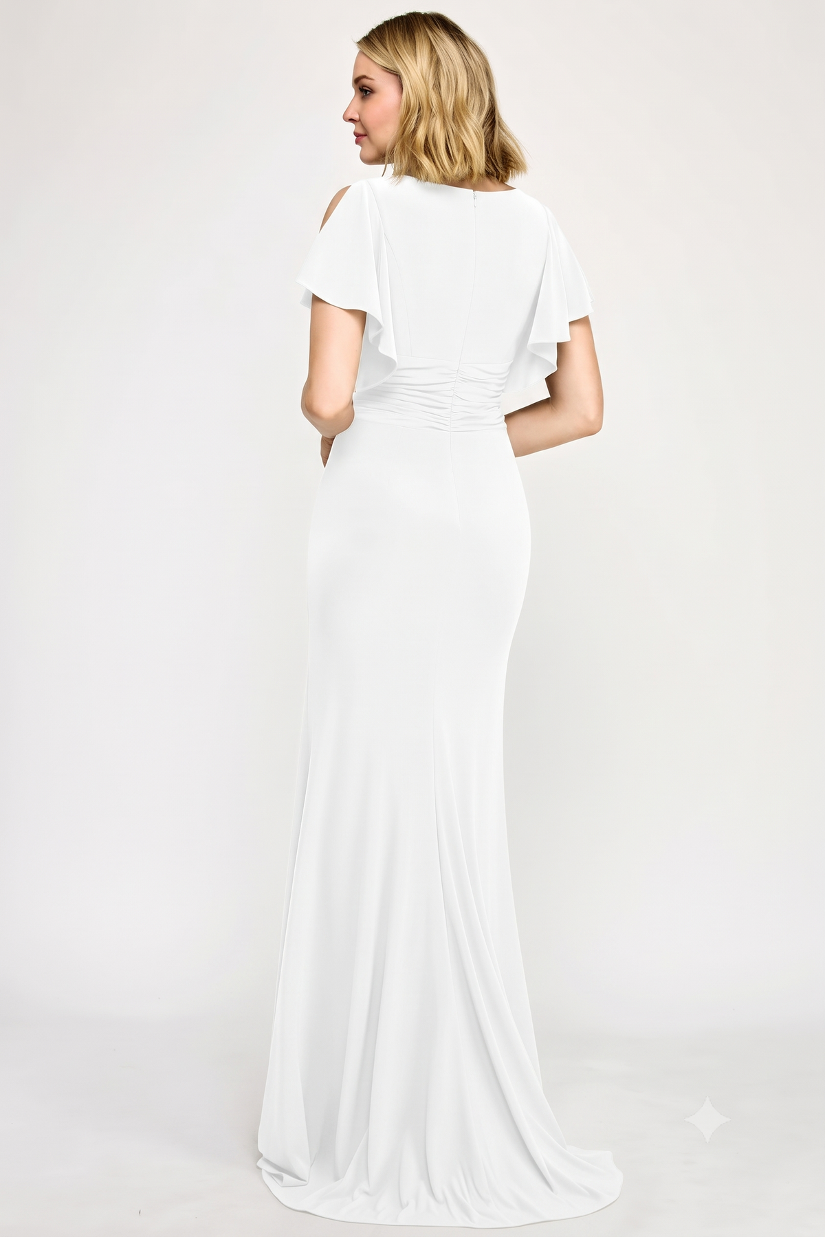Ivory Flutter Sleeves Wedding Dress with Cascading Ruffle V-Neck & Front Slit by Lenovia 8376