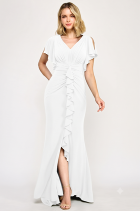 Ivory Flutter Sleeves Wedding Dress with Cascading Ruffle V-Neck & Front Slit by Lenovia 8376