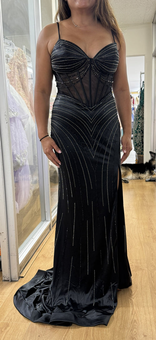 Beaded Corset Evening Gown with Sheer Bodice & High Slit Elegant Formal Dress by May Queen MQ2197
