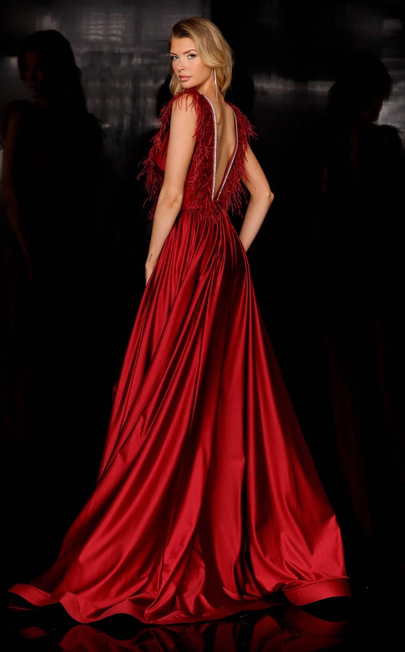 Jessica Angel JA839 Illusion Sleeveless V-Back Train Jersey Feather Dress