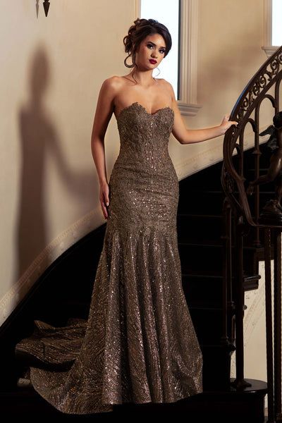 Strapless Sequin Trumpet Evening Gown Glitter Lace Corset Formal Dress with Train by Lenovia 8424
