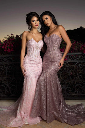Strapless Sequin Trumpet Evening Gown Glitter Lace Corset Formal Dress with Train by Lenovia 8424