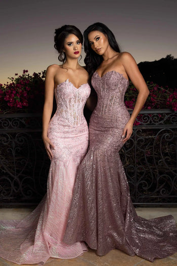 Lenovia PINK Sequin Embellished Tulle with Lace Appliqué Trumpet Prom Dress